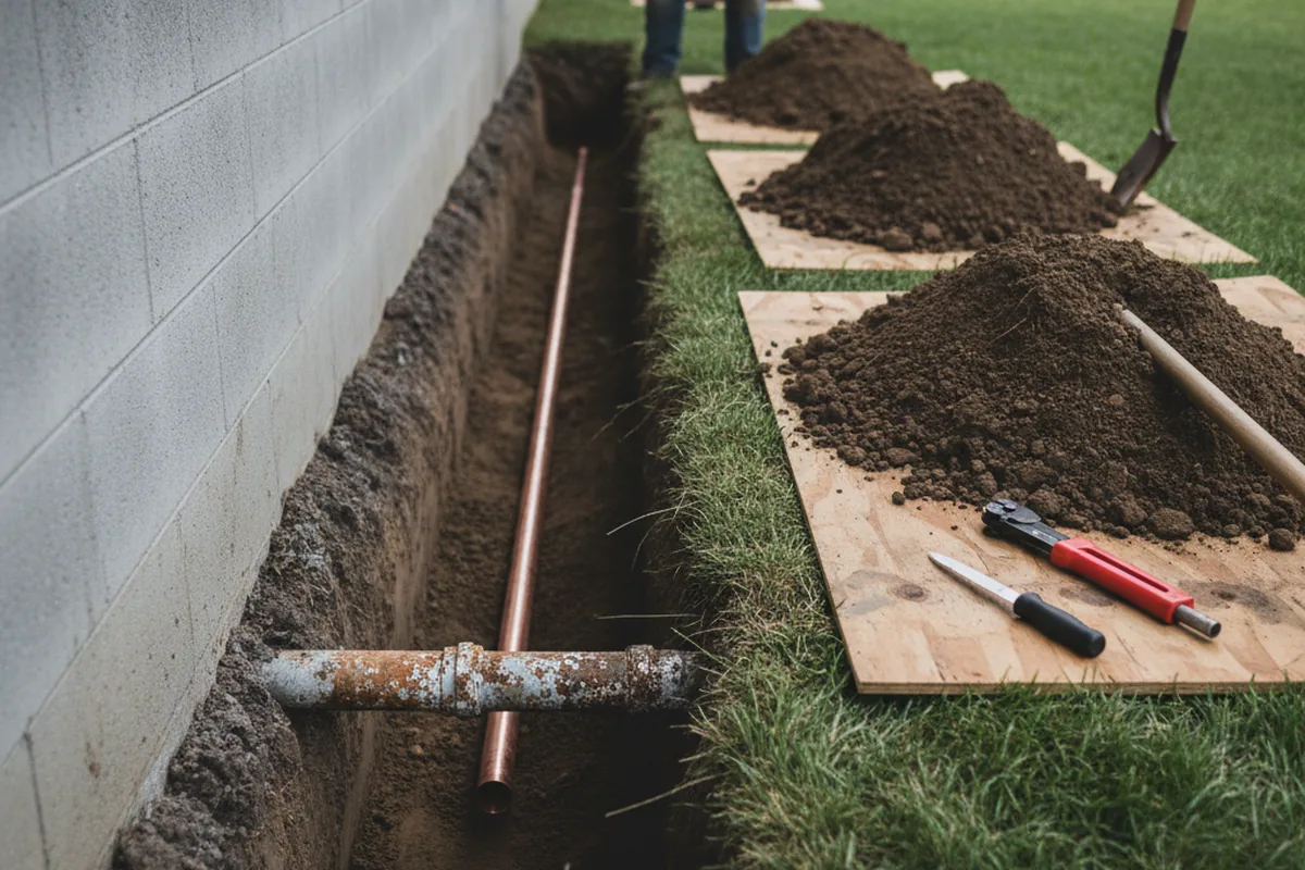 Excavated water line trench during Water Softener Installation in Millsboro
